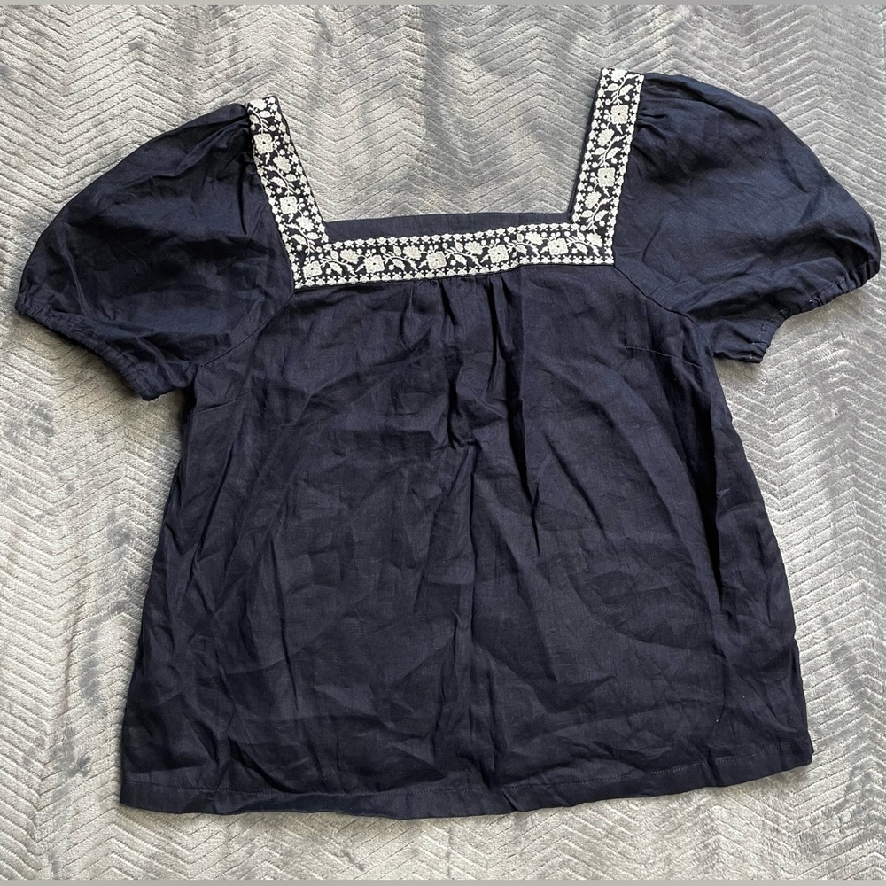 Boden Navy Blue Square Neck Embroidered Puff Sleeve Top